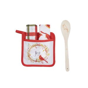 C&F Home "Joy" Sentiment with Red Cardinal Sitting on Holly Berry Wreath Printed Potholder Gift Set. - 1 of 4