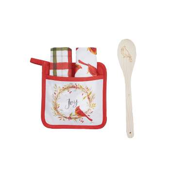 C&F Home "Joy" Sentiment with Red Cardinal Sitting on Holly Berry Wreath Printed Potholder Gift Set.