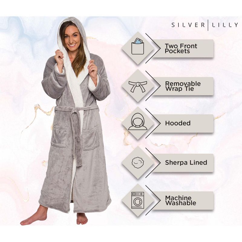 Silver Lilly - Women's Full Length Sherpa Lined Luxury Hooded Bathrobe, 5 of 8