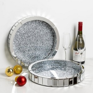 Artloge Luxury Crushed Diamond Tray Silver Mirror Glass Coffee Table Serving Tray Makeup Perfume Jewelry Display Holder fits Women Gift Dresser - 1 of 4