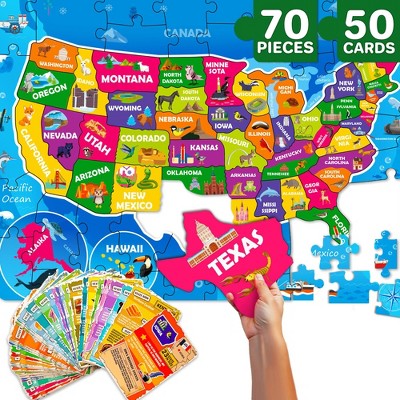 QUOKKA 70 Pieces Jigsaw Puzzles for Kids 4 5 6 Years Old - 400+ Facts on 50 Double-Sided Flashcards | Learn World| Education Activity Gift