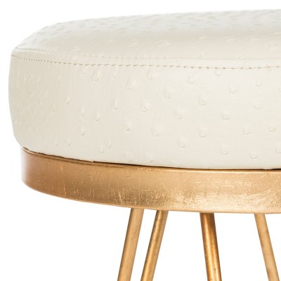 Cream and Gold Faux Ostrich Round Stool with Hairpin Legs