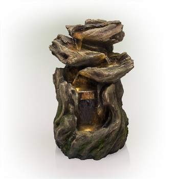 22" Resin Outdoor 4-Teir Rainforest Log Waterfall Fountain with LED Lights Brown - Alpine Corporation