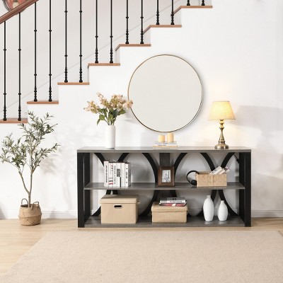 FURNIinspire Console Tables 3 Tier Long Console Table, Narrow Entryway Table, Living Room Side Table, Gray Tabletop, Multicolored, 15.6"*70.9"*31.9"
