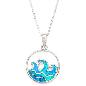 Opalata Sterling Silver Open Circle with Blue Inlay Opal Waves 18" Pendant Necklace - Blue - 1 of 2