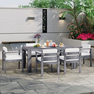 YOOCOZZ Acacia Wood 7-Piece Patio Dining Table Set for 6 with 70.8" Rectangle Table Cushions-Beige+Gray