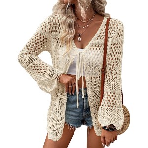 Clearlove Women Knitted Cardigan Lightweight Tie Front Hollow Out Long Sleeves Summer Knit Cover Cardigans - 1 of 4