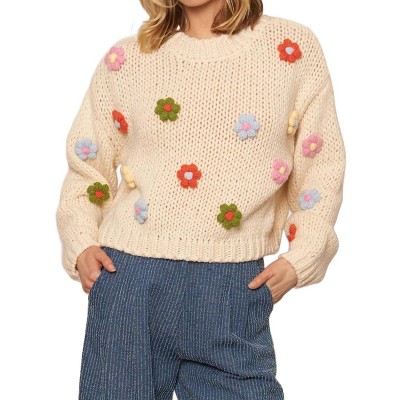 Women's 3d Flower Sweater - EN CREME