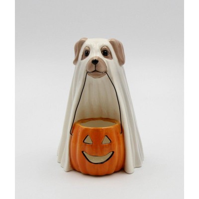 Kevins Gift Shoppe Ceramic Halloween Ghost Dog Holding Pumpkin Jack-o ...