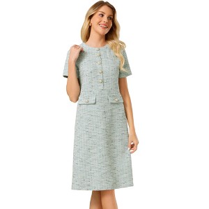 INSPIRE CHIC Women's Crew Neck Short Sleeve Tweed Button Decor Elegant Work Sheath Midi Dress - 1 of 4