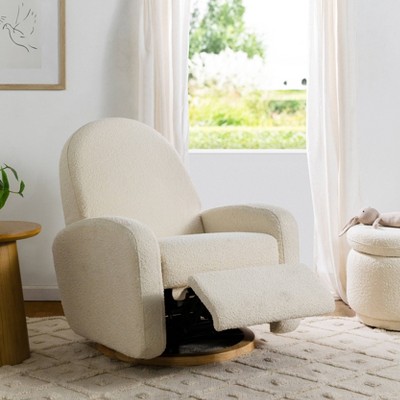 Ivory Boucle Swivel Recliner with Light Wood Base