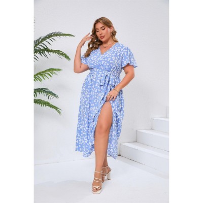 Womens Plus Size Casual Dresses Wrap V Neck Maxi Dress
