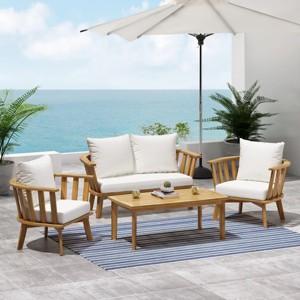 4-Pieces Acacia Wood Patio Seating Set With Wood Frame,Thick Cushion And Coffee Table,Outdoor Conversation Patio Set -Maison Boucle - 1 of 4