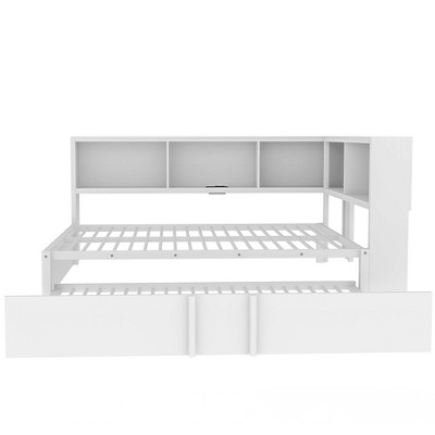 NicBex Full Size Daybed, Metal Day Bed Frame with Storage Cabinets and USB Ports, L-Shaped Daybed with Bookcase Headboard