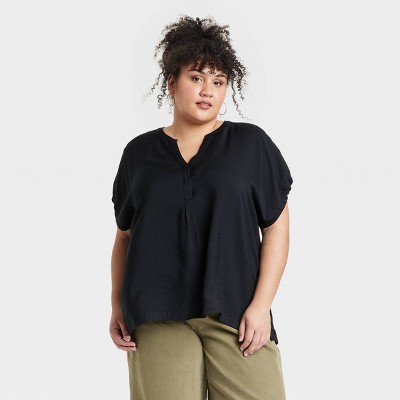 Women's Short Sleeve Henley Neck Blouse - Ava & Viv™ Black 3X