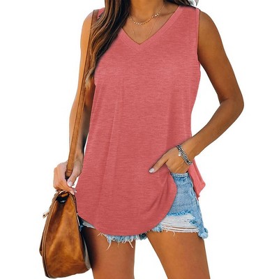 Women Summer Basic Tops Casual V Neck Tank Tops Loose Fit High Low Hem Tops Soft Shirts Tunic Tops Basic Everyday Looks