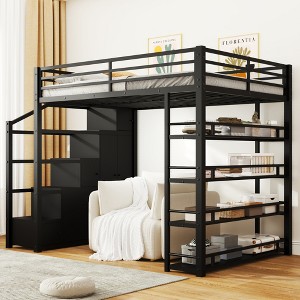 Lycvki Full Size Black Metal Loft Bed with Storage Shelves, Cabinets and Wardrobe - 1 of 4