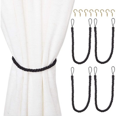 Juvale 4-Pack Black Cotton Window Curtain Tiebacks Tie Back with 8 Hooks, 26" Holdbacks Rope for Drapes