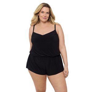 Aqua Green, Women's Vneck Blouson Romper - 1 of 3
