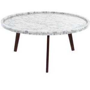The Bianco Collection Cassara 31" Round Italian Carrara White Marble Coffee Table with Walnut Legs - 1 of 4