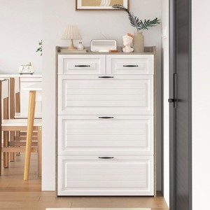 Hommoo Slim Wooden Shoe Cabinet With 3 Flip Drawers & 2 Top Compartments, Space-Saving Organizer For Hallway - 1 of 4