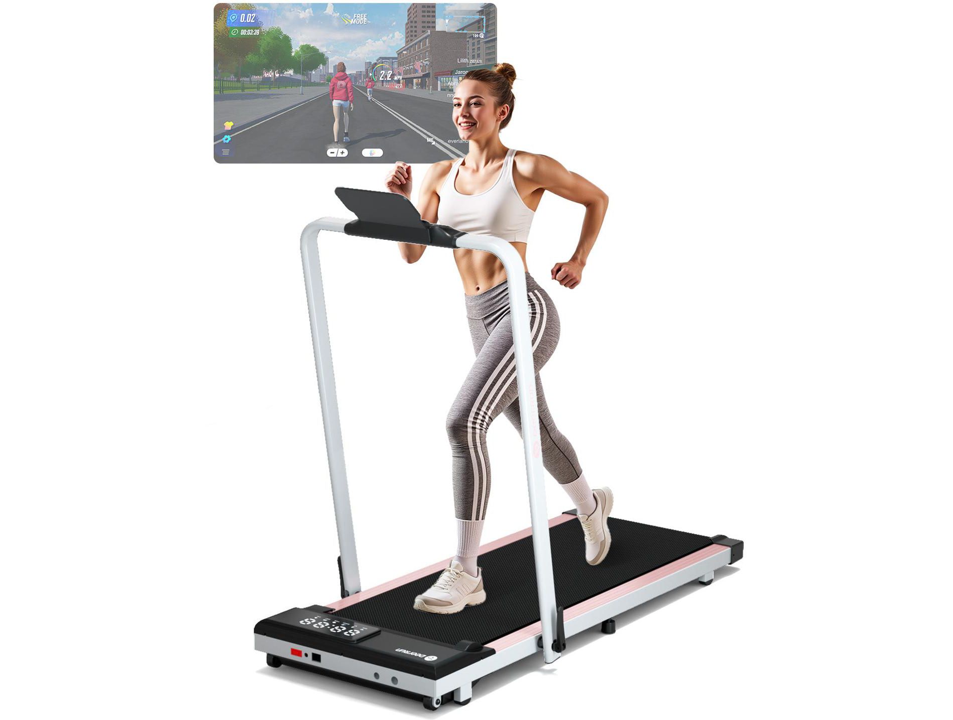 DeerRun A5 Pro Smart 2 in 1 Folding Treadmill Pink with Handrail, 300Lbs (Pink)