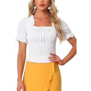 Allegra K Women's Summer Square Neck Short Sleeve Ruffle Shirred Casual Smocked Blouse - 1 of 4