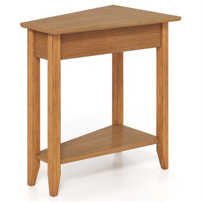 MOEPISY 2-Tier Wedge Narrow End Table with Storage Shelf and Solid Wood Legs