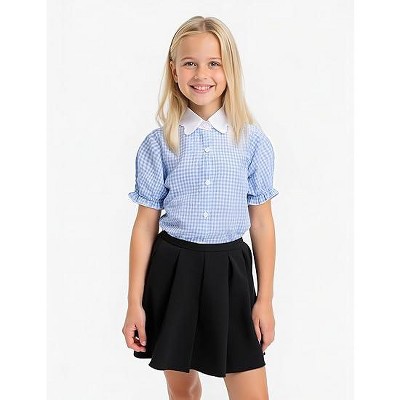 Girls Button Down Shirt Summer Cute Puff Short Sleeve Shirt Blouse Top Doll Collar School Uniform Blouse 4-13Y