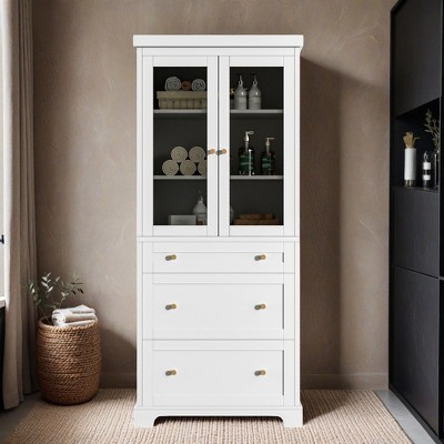 70.1" Modern High Freestanding Tall Bathroom Cabinet with 2 Adjustable Shelves, 3 Drawers, Soft Close Glass Doors - Leovsnove