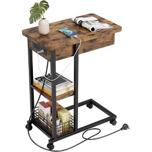 C-Shaped Foldable Side Table with Built-In Charging Station, USB Ports, and Outlets for Living Room and Bedroom - Compact, Narrow Design - 1 of 4
