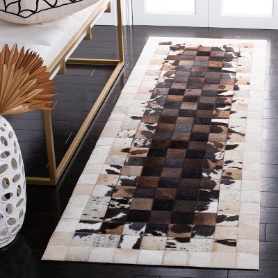 Hand-Stitched Beige & Brown Geometric Cowhide Runner Rug - 2'3" x 7'
