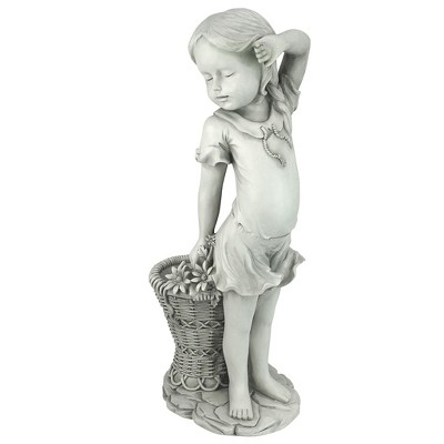 Off-White Resin Flower Girl Garden Statue with Wicker Planter
