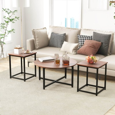 Walnut and Black 3-Piece Coffee Table Set with Metal Frame