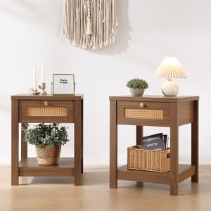 Bekrvio 18-Inch Boho Rattan Nightstand Set of 1/2, Bedside Table w/Drawer & Brass Knobs, Wood End Table w/Open Shelf for Bedroom/Living Room - 1 of 4