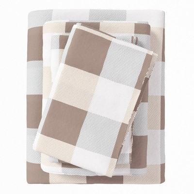 100% Cotton Printed Flannel Sheet Set - Great Bay Home (King, Buffalo Check - Soft Taupe / Pale Grey)