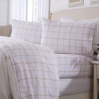 Great Bay Home 100% Cotton Flannel Windowpane Sheet Set Queen Taupe / Grey