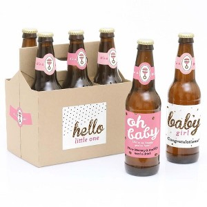 Big Dot of Happiness Hello Little One - Pink and Gold - Girl Baby Shower Decorations for Women and Men - 6 Beer Bottle Label Stickers and 1 Carrier - 1 of 4