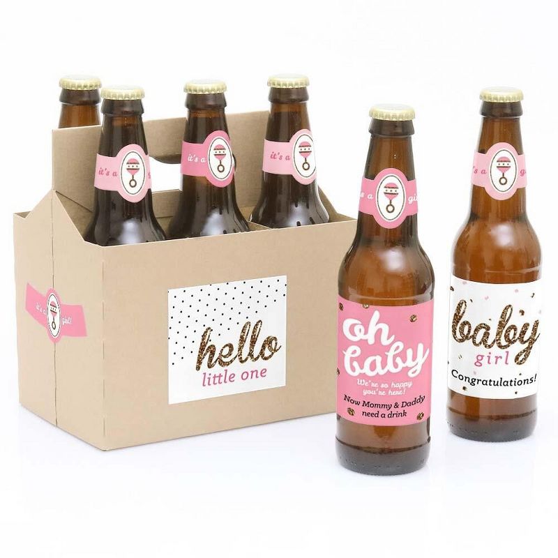 Big Dot of Happiness Hello Little One - Pink and Gold - Girl Baby Shower Decorations for Women and Men - 6 Beer Bottle Label Stickers and 1 Carrier, 1 of 6