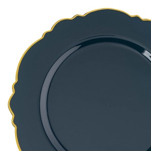 Smarty Had A Party 10.25" Navy with Gold Rim Round Blossom Disposable Plastic Dinner Plates (120 Plates) - 1 of 4