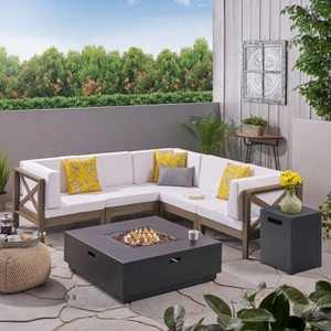 Christopher Knight Home Culatra Outdoor Acacia Wood 5 Seater Sectional Sofa Set with 50,000 BTU Iron Fire Pit - 1 of 4