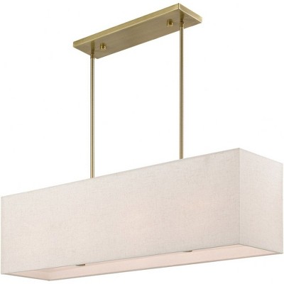 Antique Brass Linear Chandelier with Oatmeal Fabric Shade