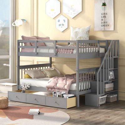 PAGED Full over Full Bunk Bed with Storage Stairs, Wooden Bed Frame with Twin Size Trundle and Guardrail, Modern Loft Bed for Kids, Adults