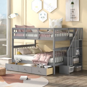 NicBex Full over Full Bunk Bed Wooden Bed Frame with 3 Drawers, Storage Stairs and Full Length Guardrail, No Box Spring Required - 1 of 4