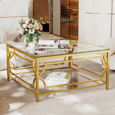 ALEXOUN 33.5Inch Square Glass Coffee Table - Gold Geometric Metal Frame with Functional Shelf | Easy to Use for Living Spaces Family Homes
