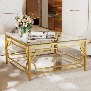 ALEXOUN 33.5Inch Square Glass Coffee Table - Gold Geometric Metal Frame with Functional Shelf | Easy to Use for Living Spaces Family Homes - 1 of 4
