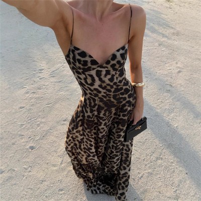 Clotth Women's Leopard Print Maxi Dress - Spaghetti Strap Backless Slip Dress, Elegant Summer Dress, Beach Dress, Brown with Black Spots