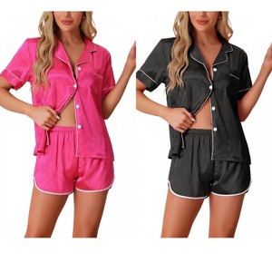 INSPIRE CHIC Women's 2 Pcs Satin Pajamas Silky Short Sleeve Button Down Pajama Sets - 1 of 4
