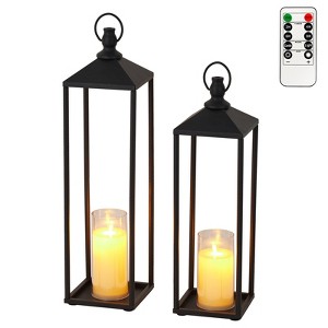 Lanterns Decorative Outdoor & Indoor, Set of 2 Modern Metal Black Lantern with Flameless LED Candles - 1 of 4