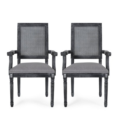 Gray Upholstered Arm Chairs with Cane Back and Weathered Wood Frame